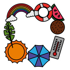 summer tropical beach umbrella sun coconut rainbow watermelon vector illustration