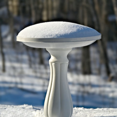 Snow covered round plastic bird bath in winter sunshine in Minnesota