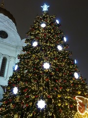 Новогодняя ёлка в огнях возле храма Христа Спаситель в Москве