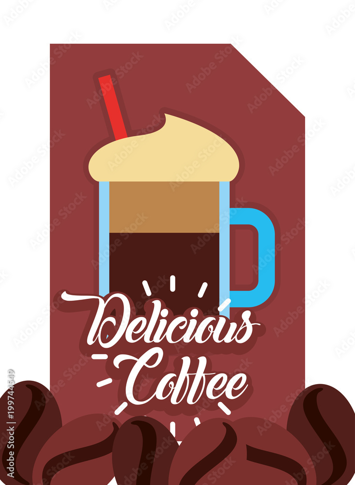 Poster delicious coffee frappe in glass mug with straw and beans vector illustration