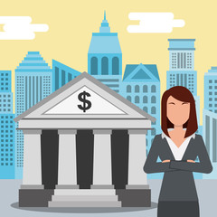 business woman standing at the bank building finance institution with city background vector illustration