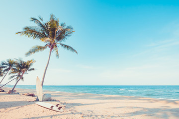 Vintage surf board with palm tree on tropical beach in summer. vintage color tone