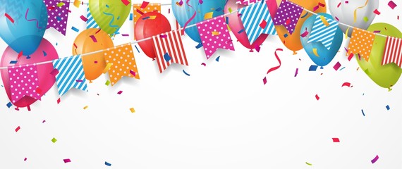 Colorful birthday balloon with bunting flags and confetti © radenmas