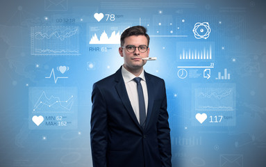 Young sick businessman with fever and medical research concept
