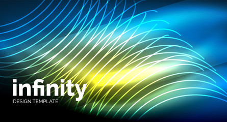 Abstract wave on dark background, shiny glowing neon digital background template