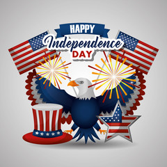 american independence day top hat eagle fireworks usa flag vector illustration
