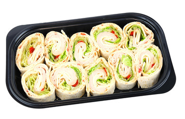  tortilla deli wrap rolls with ham vegetable in the tray isolated on white background