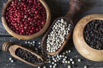 Red, black and white pepper