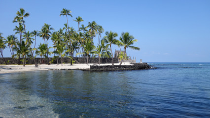 Sandy beach, palm trees and lava stonewalls in Puuhonua o Honaunau National Historical Park, Big Island, Hawaii (HI, USA)