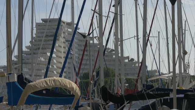 The masts of anchored sailboats