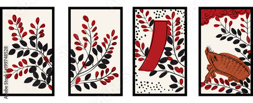 花札のイラスト 7月萩 萩に猪 日本のカードゲーム ベクターデータ 手描き フリーハンド Wall Mural Globeds