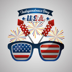 happy independence celebration usa glasses fireworks american flag vector illustration