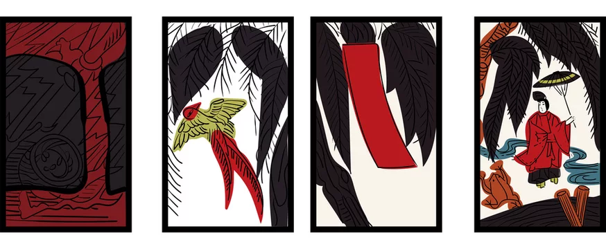 花札のイラスト 11月柳 柳に小野道 日本のカードゲーム ベクターデータ 手描き フリーハンド Stock Vector Adobe Stock