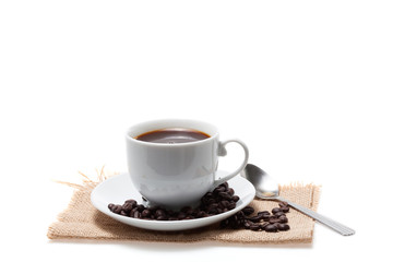 coffee cup and coffee beans on white background.