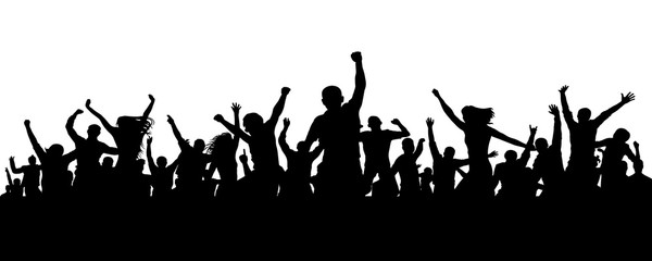 Fototapeta na wymiar Joyful mob. Crowd cheerful people silhouette. Applause crowd. Happy group friends of young people dancing at musical party, concert, disco. Sports fans, applause, cheering. Vector on white background