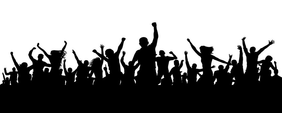 Joyful mob. Crowd cheerful people silhouette. Applause crowd. Happy group friends of young people dancing at musical party, concert, disco. Sports fans, applause, cheering. Vector on white background