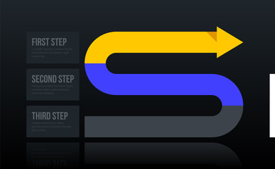 Fototapeta premium Arrow business layout with three steps in elegant corporate style on dark glossy background.