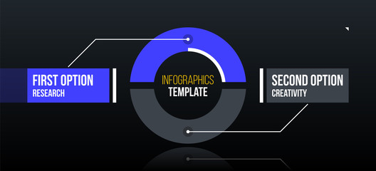 Horizontal pie infographics template with two segments in clean corporate style on black glossy background