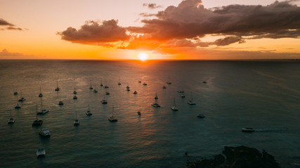Yachts in the sunset sun. Still water. Light sun