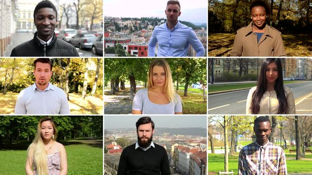 4K compilation (montage) - group of nine people smile and nod at the camera in various environments