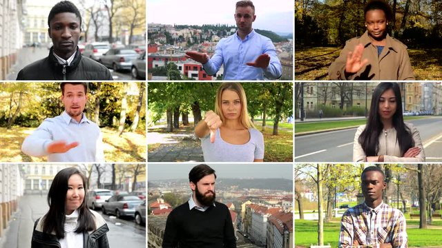 4K compilation (montage) - group of nine people shake their heads at the camera in various environments