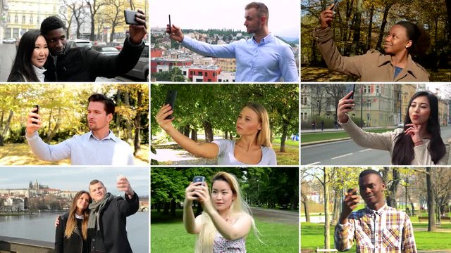 4K compilation (montage) - group of nine people take selfies in various environments