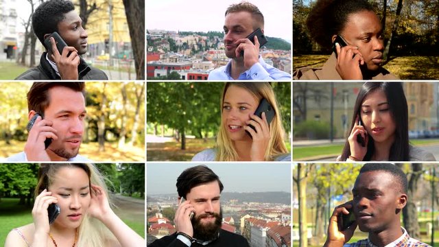 4K compilation (montage) - group of nine people talk on smartphones in various environments - face closeup
