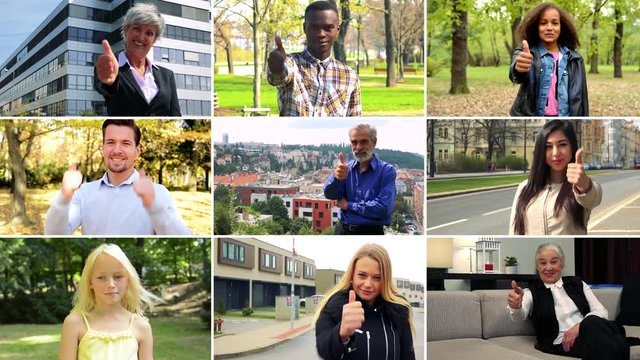 4K compilation (montage) - group of nine people smile and show thumbs up to the camera in various environments