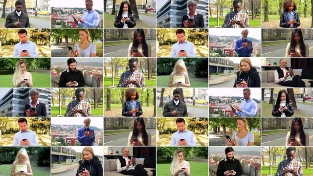 4K compilation (montage) - group of people work on smartphones in various environments