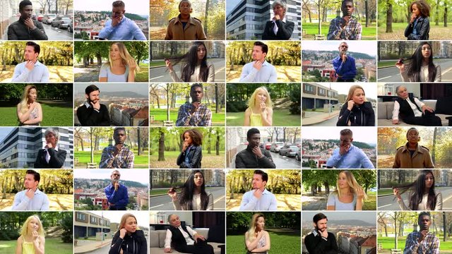 4K compilation (montage) - group of people think about something in various environments