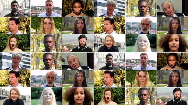 4K compilation (montage) - group of people talk to the camera in various environments - face closeup