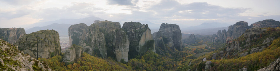 view of the Meteora rocky landscape and monasteries in Greece.