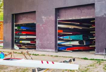 Warehouse of kayaks - many-tier storage in a special big hangar