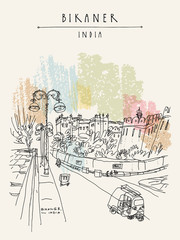 Bikaner, Rajasthan, India. Street view. Road with auto rickshaws and fort. Travel sketch. Vintage hand drawn touristic postcard