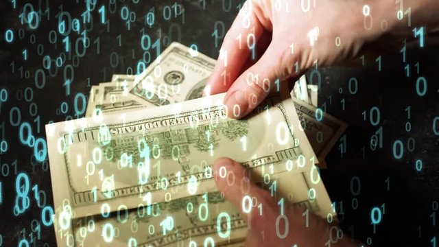FINTECH concept video. Double exposure of hands counting US Dollar banknotes and abstract binary code background, Representing the cryptocurrency or digital money.