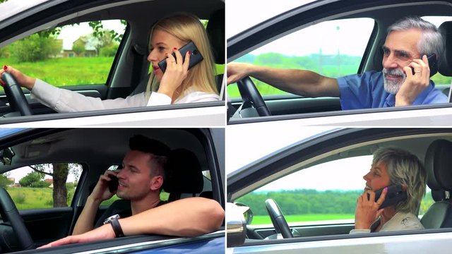 4K compilation (montage) - four people talk on smartphones in a parked car - closeup from the side