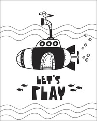 Cute Submarine, poster for baby room, greeting card, print on the wall, pillow, decoration kids interior, baby wear and t-shirts	 - 199753981
