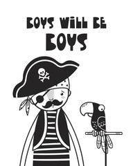 Cute pirate and parrot, poster for baby room, greeting card, print on the wall, pillow, decoration kids interior, baby wear and t-shirts	 - 199754101