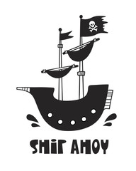 Cute pirate ship, poster for baby room, greeting card, print on the wall, pillow, decoration kids interior, baby wear and t-shirts	 - 199754193