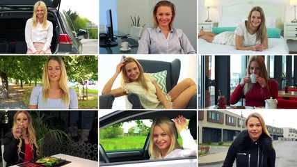 4K compilation (montage) - a young beautiful woman smiles at the camera in various environments