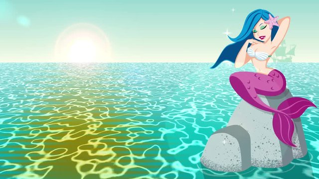 Looping animation of beautiful mermaid tanning on reef in the sea.