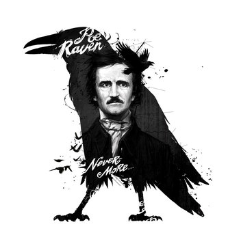 Edgar Allan Poe, drawing on isolated white background for print and web.Black and white composition and calligraphy for the interior. Painting graffiti on the wall. Tattoo of the great poet.