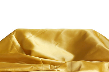 gold silk fabric stand for present product on white background