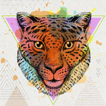 Hipster animal cheetah on artistic polygon watercolor background