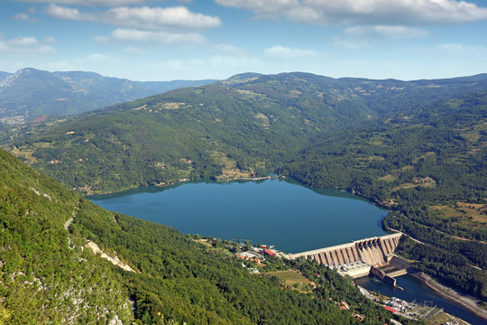 hydroelectric power plant Perucac on Drina river landscape summer season