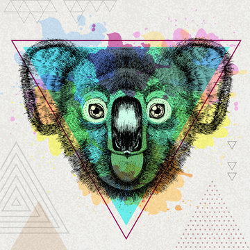 Hipster animal koala on artistic polygon watercolor background