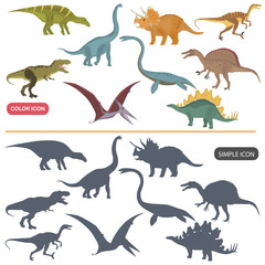 Different dinosaurs color flat and simple icons set