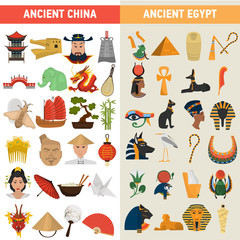 China and Egypt great civilizations color flat icons set