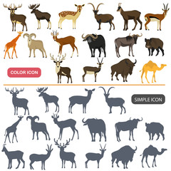 Hoofed animals color flat and simple icons set