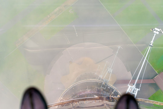 Moscow, Russia. View from a height of 300m to the ground with Ostankino tower through a transparent floor.